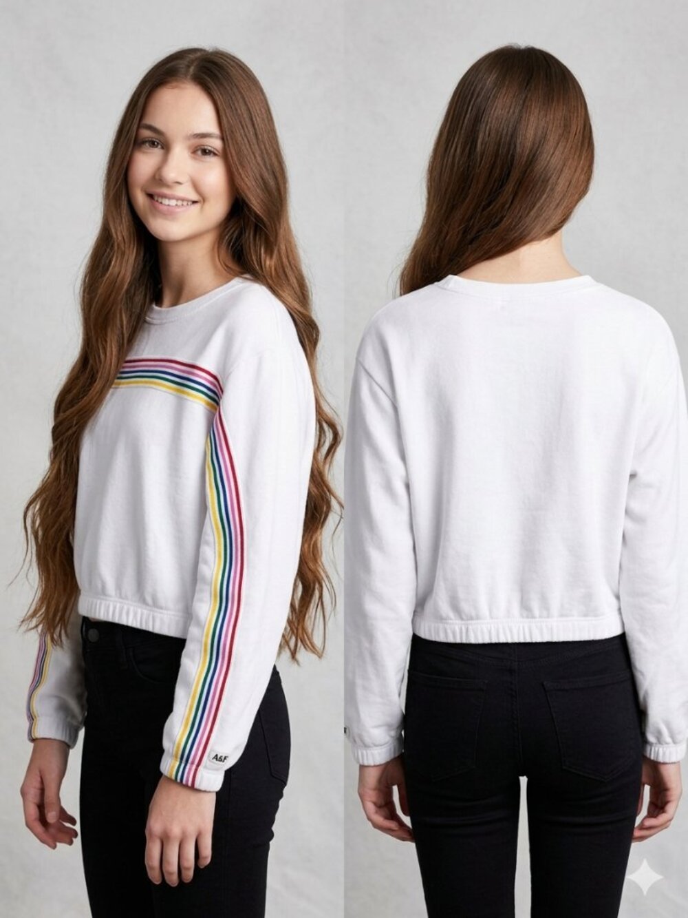 Abercrombie & Fitch Crop Sweatshirt Womens XS White Rainbow Stripe Long Sleeve
